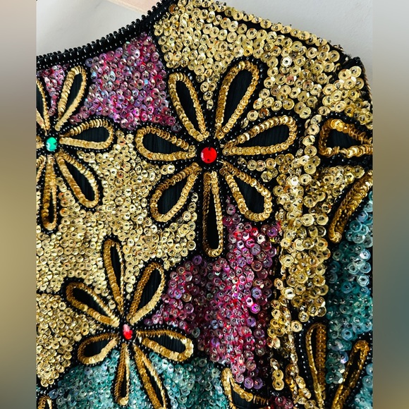 Vintage 1980's Evening Sequin Floral Design Jacket By Royal Feelings Size M - Picture 4 of 6